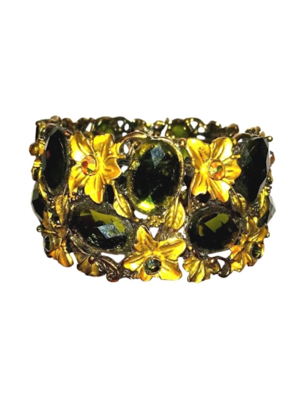 Vintage Gold‑Tone Floral Cuff Bracelet Green Rhinestones